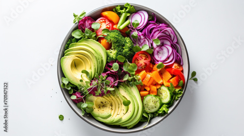 Top view of a salad bowl filled with assorted fresh vegetables, a feast for the eyes and a treat for the body. This dish represents a balanced and healthy eating choice. 