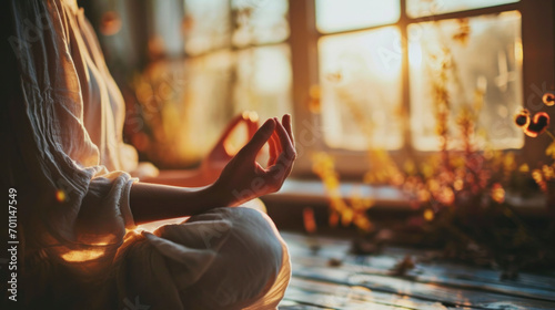 Meditative pose captured in the golden hour light, emphasizing relaxation and inner peace. The image reflects the calmness and tranquility of a personal wellness ritual.
 photo