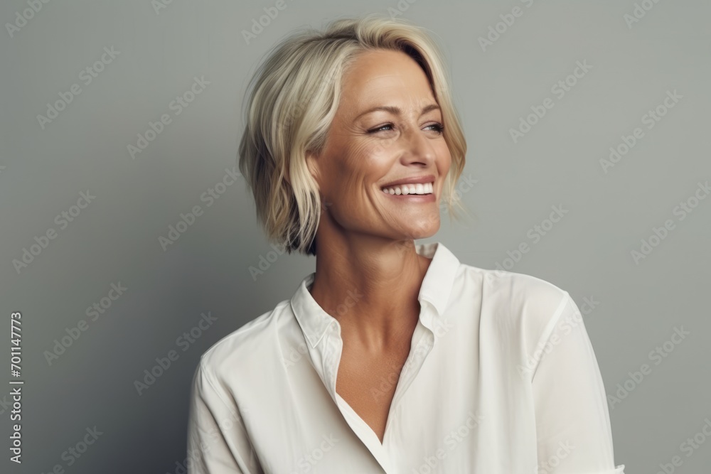 Portrait of a happy mature business woman smiling over grey background. Portrait of a happy mature business woman smiling over grey background.