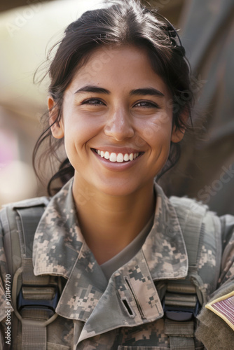 Hispanic woman wearing army universal camouflage uniform smiling