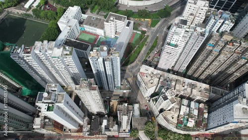Aerial drone skyview of the residential and commercial area in Hong Kong East District at Victoria Harbour, near Kings Road in Tai Koo Shing and North Point Quarry Bay Shau Kei Wan Sai Wan  photo