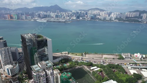 Aerial drone skyview of the residential and commercial area in Hong Kong East District at Victoria Harbour, near Kings Road in Tai Koo Shing and North Point Quarry Bay Shau Kei Wan Sai Wan  photo