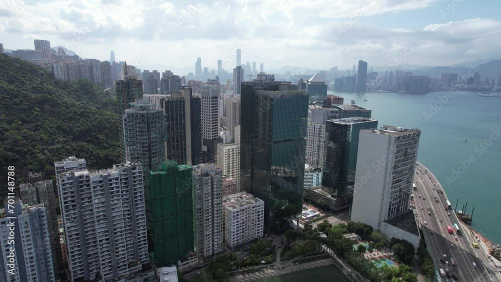 Aerial drone skyview of the residential and commercial area in Hong Kong East District at Victoria Harbour, near Kings Road in Tai Koo Shing and North Point Quarry Bay Shau Kei Wan Sai Wan Aerial drone skyview of the residential and commercial area in Hong Kong East District at Victoria Harbour, near Kings Road in Tai Koo Shing and North Point Quarry Bay Shau Kei Wan Sai Wan