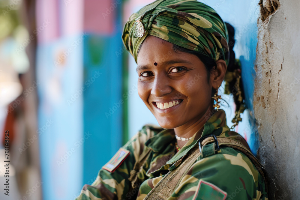 Indian woman wearing Paramilitary Forces uniform smiling Indian woman wearing Paramilitary Forces uniform smiling
