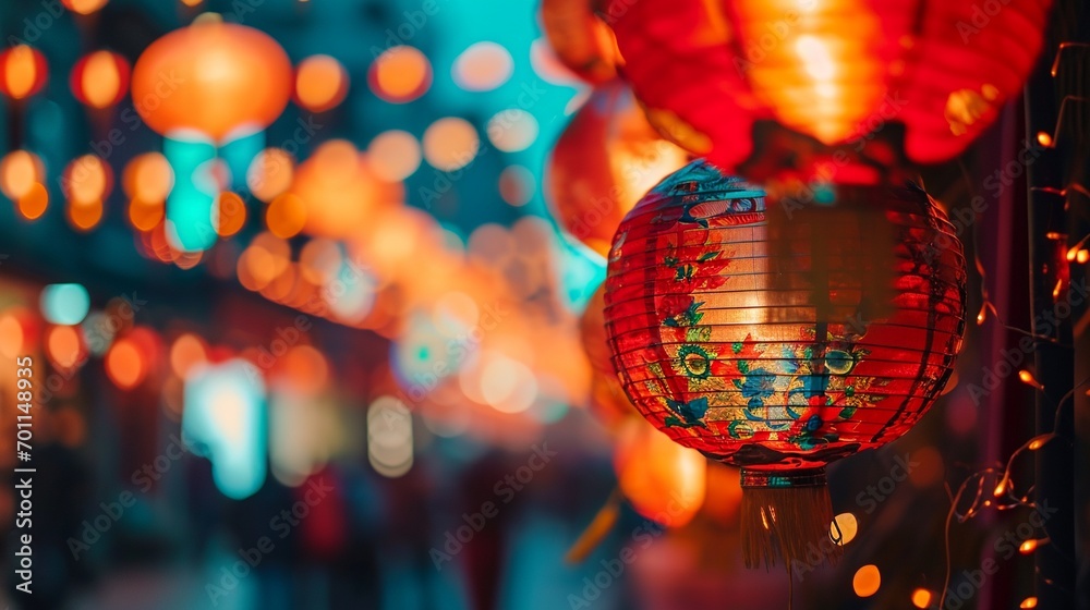 Close up of Chinese red lantern in the night of Chinese New Year of happiness Street backgrounds with copy space, Spring festival, lunar new year celebration banner. - obrazy, fototapety, plakaty 
