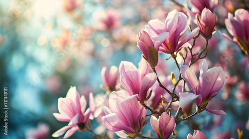magnolia tree blossom in springtime. tender pink flowers bathing in sunlight. warm april weather and beautiful sunshine, close up of panorama spring background with copy space. photo