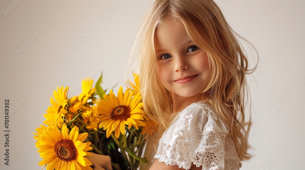 Cute smiling child girl holding bouquet of spring flowers blooming yellow sunflowers isolated on beige background. Little toddler girl gives a bouquet to mom. Copy space for text. Cute smiling child girl holding bouquet of spring flowers blooming yellow sunflowers isolated on beige background. Little toddler girl gives a bouquet to mom. Copy space for text.