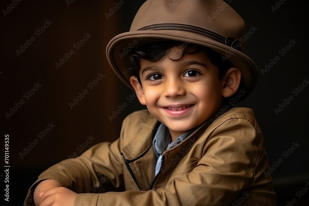 Portrait of a cute little boy in a brown coat and hat Portrait of a cute little boy in a brown coat and hat