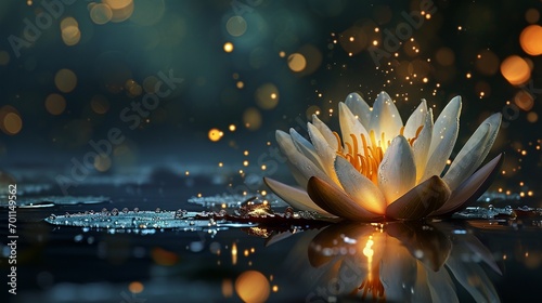 Magic glowing Lotus flower on cold blue green water background with lotus leaf and large copy space for text, for cosmetic product, zen, massage therapy backgrounds.