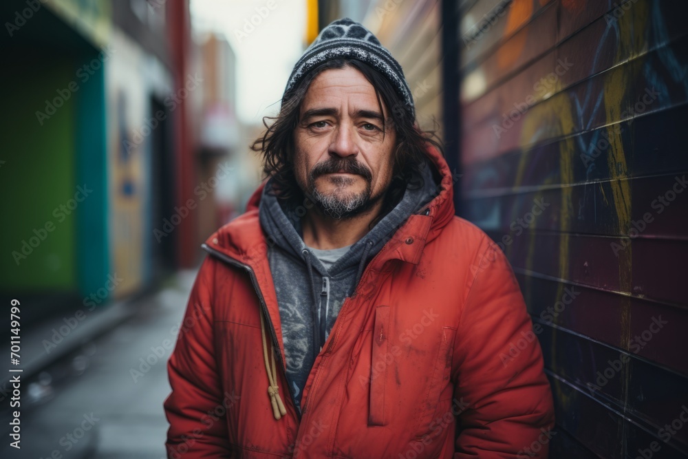 Portrait of a man with a beard and mustache in a red jacket on the street