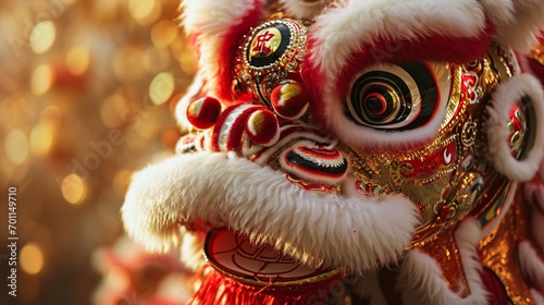Close up of Chinese lion costume used during Chinese New Year celebration isolated on golden celebration background with copy space, lunar new year, Chinese spring festival golden backdrop