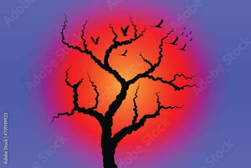 Simple Spooky Halloween Tree with flying bird vector.
