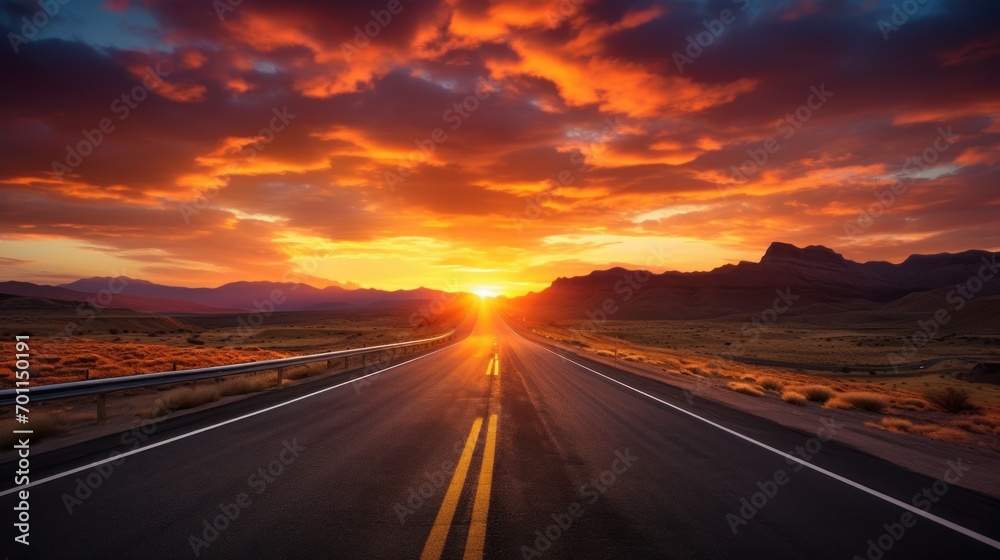 Open road stretches towards  dramatic sunset.