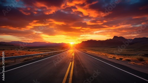 Open road stretches towards  dramatic sunset. © rorozoa