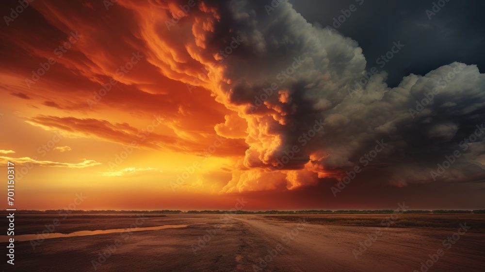 Thunderstorm clouds loom over  fiery horizon.