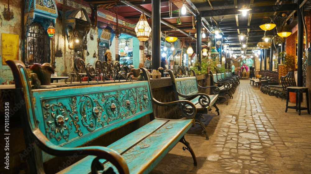 Fototapeta premium Rustic Market Charm: Turquoise Benches Bustle