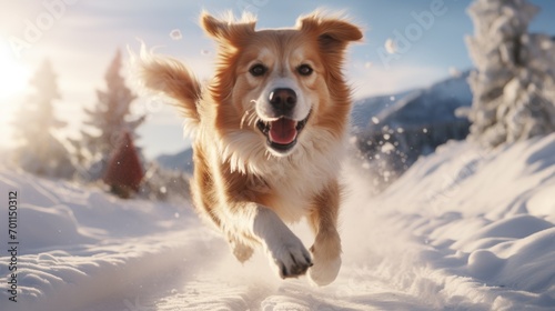 Joyful dog bounds along  snow-covered mountain path. © rorozoa