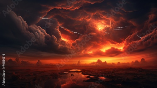 Thunderstorm clouds loom over fiery horizon.