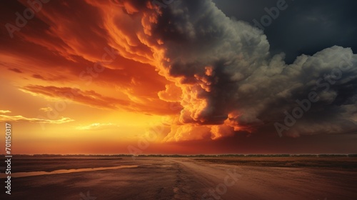 Thunderstorm clouds loom over fiery horizon.