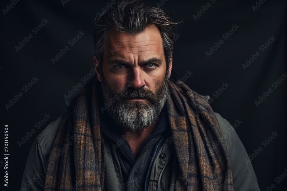 Portrait of a handsome bearded man with a gray beard and a shawl