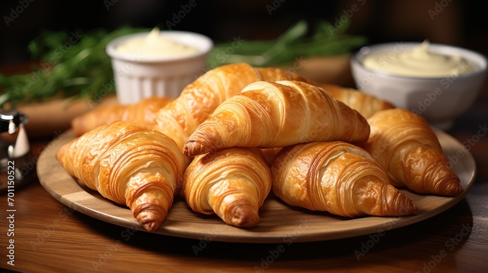 Croissants stuffed with turkey sit next to bowls of dip.
