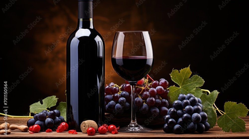 Bottle of red wine stands beside  glass and ripe grapes.