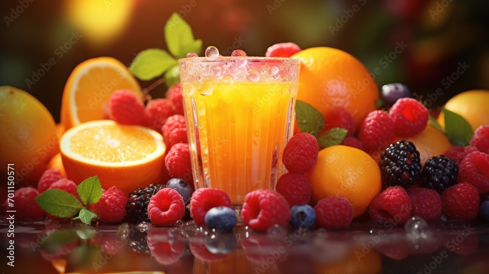 Glass of fresh juice is flanked by vibrant berries and citrus. Glass of fresh juice is flanked by vibrant berries and citrus.