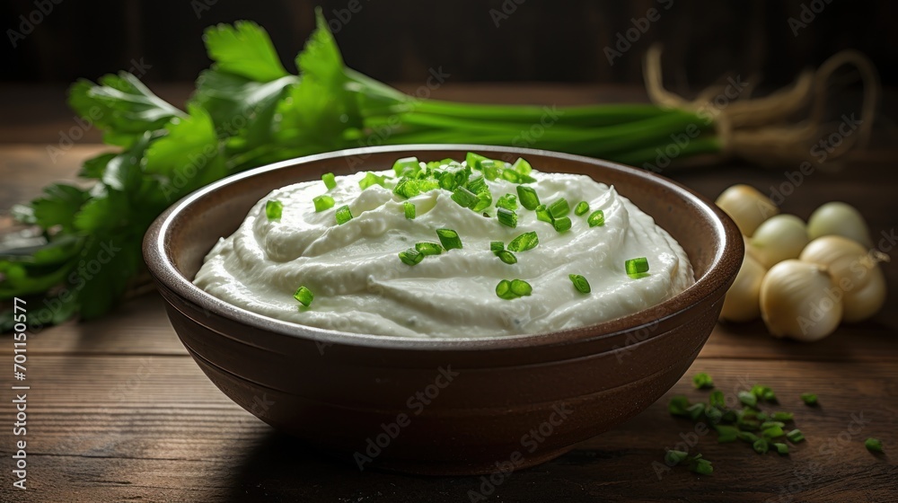 Bowl of fresh sour cream topped with vibrant green onions on rustic table. Bowl of fresh sour cream topped with vibrant green onions on rustic table.