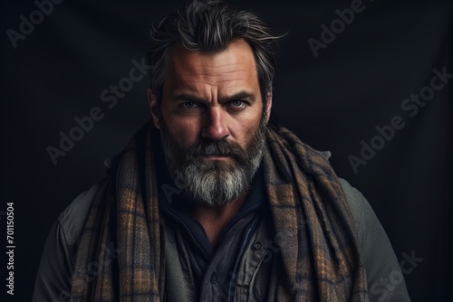 Portrait of a handsome bearded man with a gray beard and a shawl