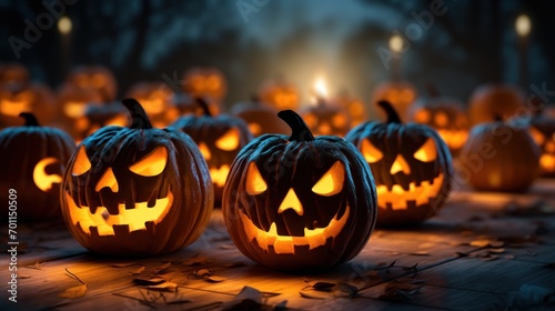 Jack-o'-lanterns glow on spooky halloween evening.