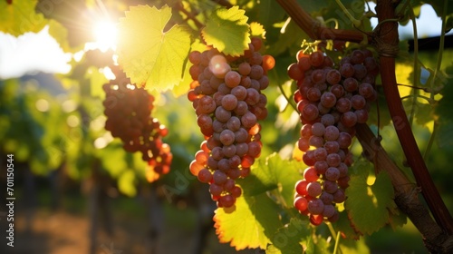 Sun-kissed grapes cluster on the vine in verdant vineyard.