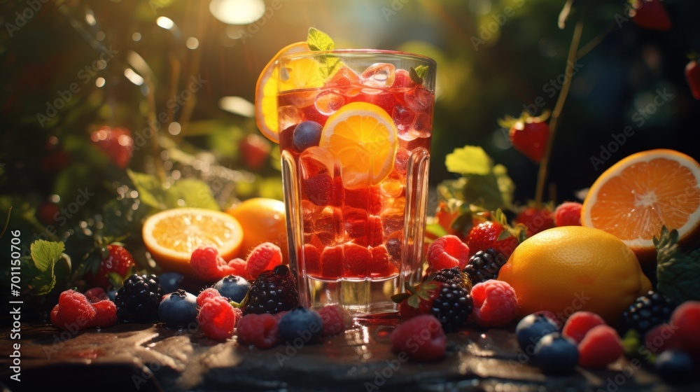 Glass of fresh juice is flanked by vibrant berries and citrus.