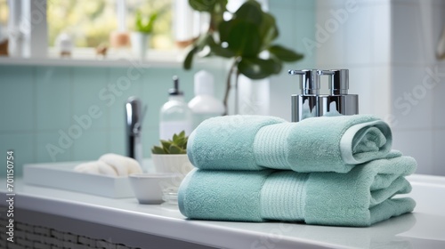 Soft turquoise towels are stacked neatly in  serene bathroom. © rorozoa