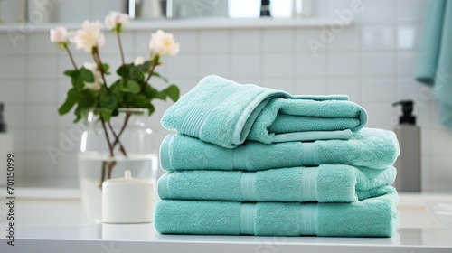 Soft turquoise towels are stacked neatly in serene bathroom.