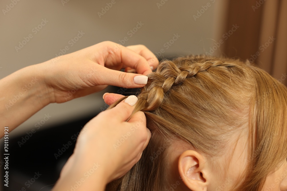 Professional hairdresser braiding girl's hair in beauty salon, closeup Professional hairdresser braiding girl's hair in beauty salon, closeup