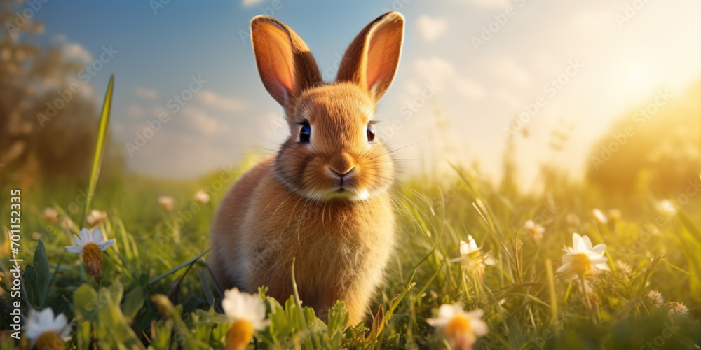 A cute rabbit in the grass fields on a spring day
