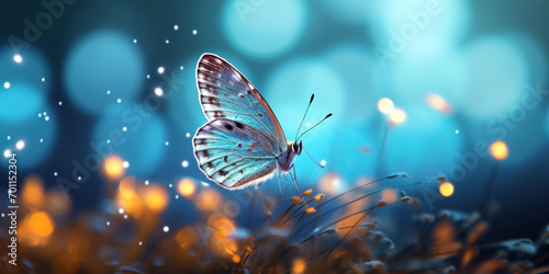 Xerces blue butterfly with phoenix wings emitting sparks and flames