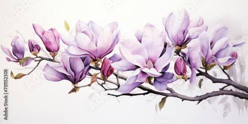 Watercolour illustration of violet magnolia  botanical illustration  springtime flowers