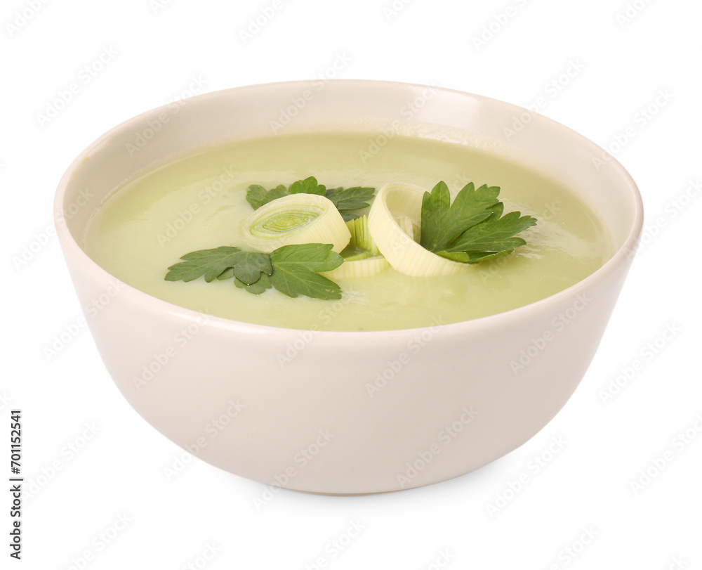 Bowl of delicious leek soup isolated on white Bowl of delicious leek soup isolated on white
