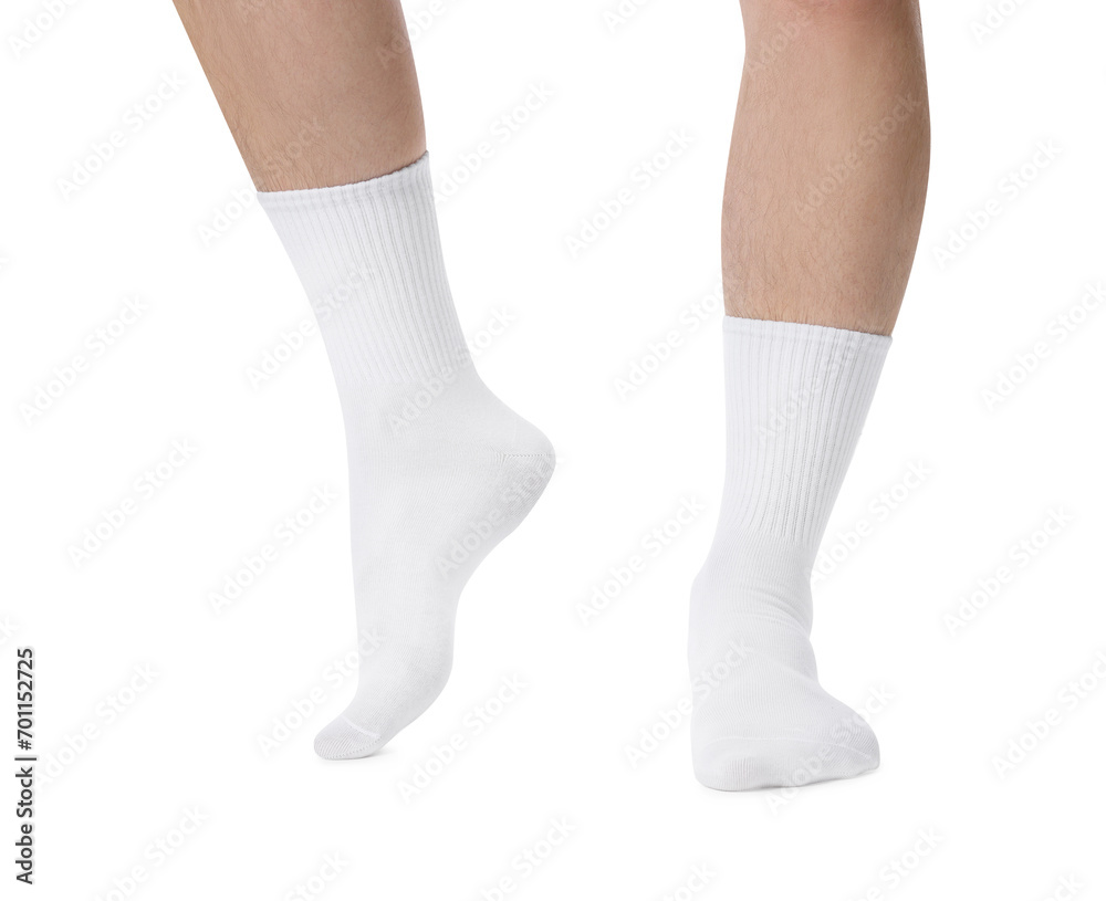 Man in stylish socks on white background, closeup