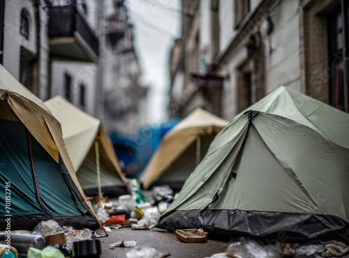 Tents on the streets, surrounded by trash. Poverty and indigence concept.