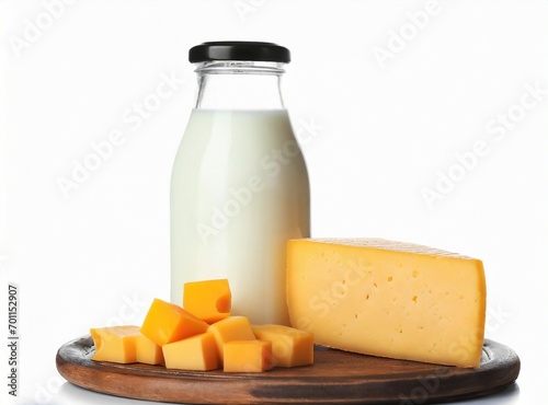 Bottle of milk and cheese isolated on white background