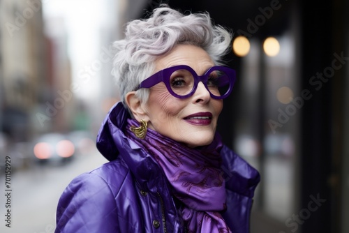 Portrait of a beautiful senior woman with purple glasses in the city