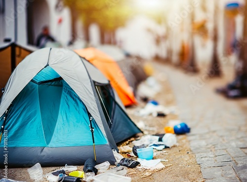 Tents on the streets, surrounded by trash. Poverty and indigence concept. photo