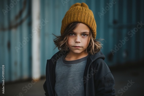 Portrait of a little boy in a yellow hat and black sweatshirt