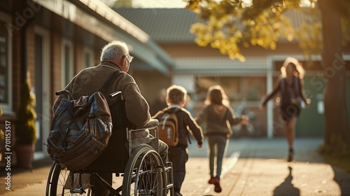 An Elderly Man in a Wheelchair and Young Girls Walking Hand in Hand at Sunset. photo