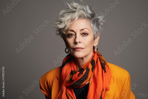 Portrait of a beautiful senior woman in orange scarf. Studio shot.