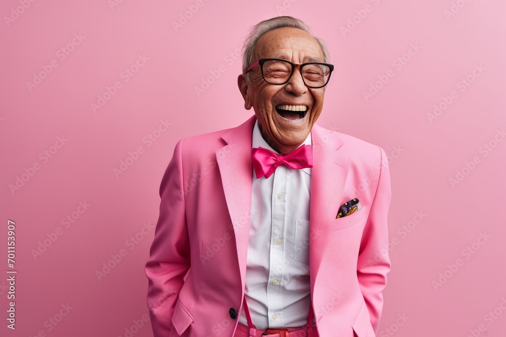 Funny old man in pink jacket and bow tie on pink background Funny old man in pink jacket and bow tie on pink background
