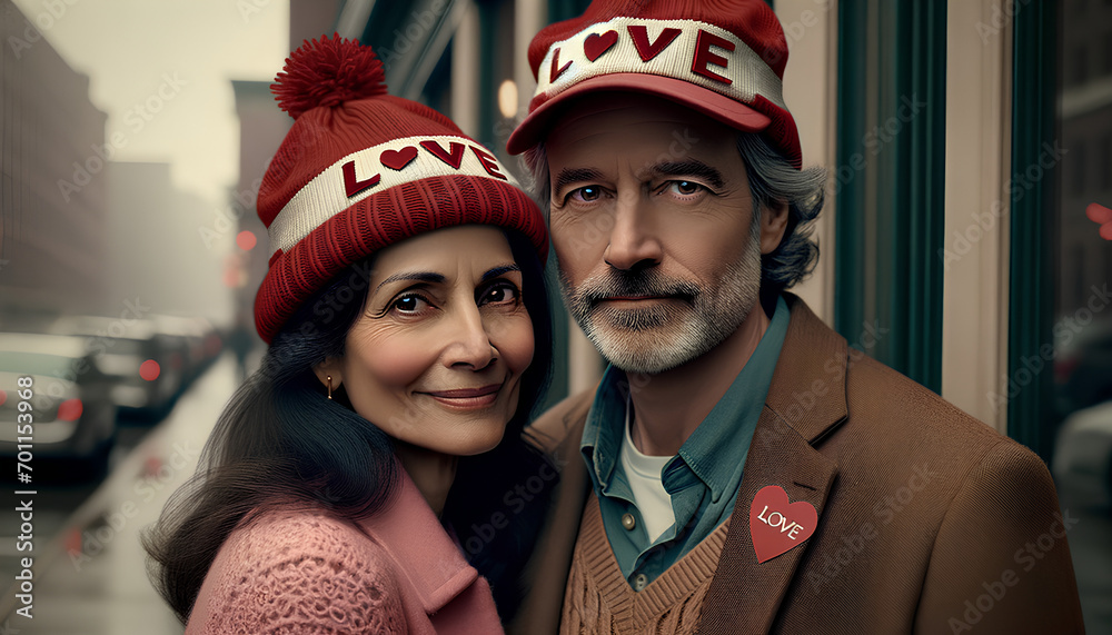 portrait of a couple in valentine's hats standing next to each other with a fashion pose on street, valentine's day concept