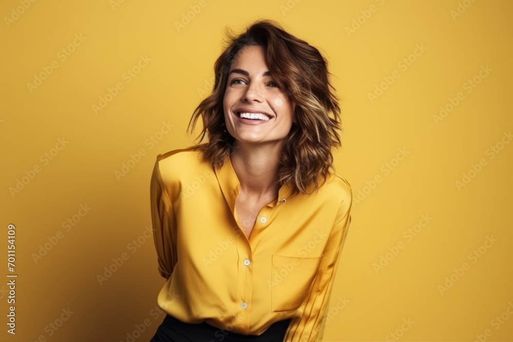 Portrait of a beautiful smiling woman in yellow shirt over yellow background Portrait of a beautiful smiling woman in yellow shirt over yellow background